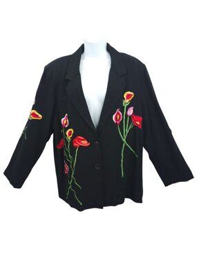 Anage Blazer Jacket L Floral Embroidered Vintage 90s Calla Lily Poppy Art NOS